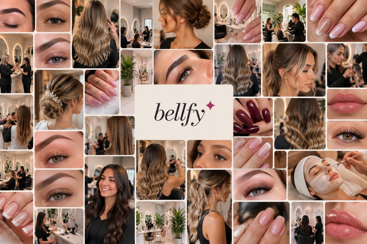 Collage de trabajos en salones Bellfy: cejas perfiladas, pestañas, balayage, peinados, uñas esculpidas, limpieza facial y equipos de salón